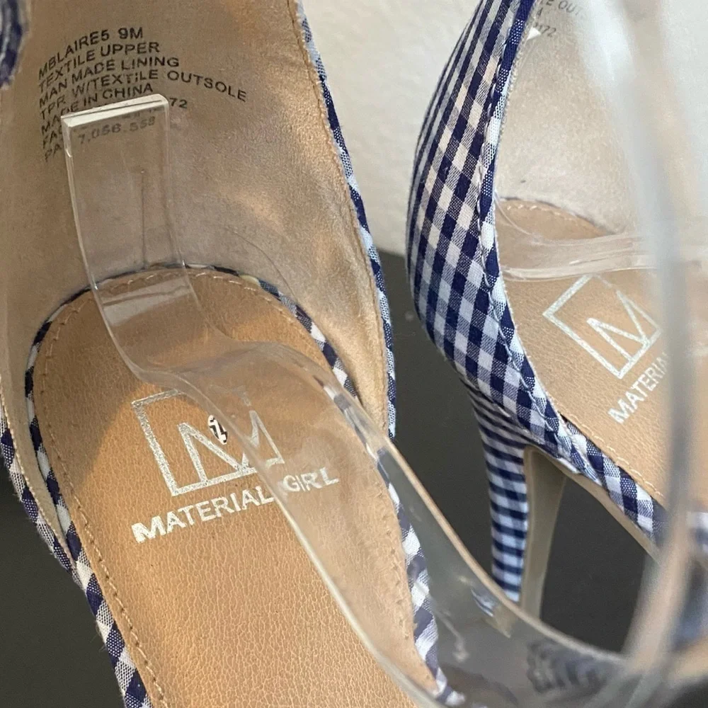 Material Girl Gingham Checkered Plaid Heels Size 9 Navy Blue White Coquette